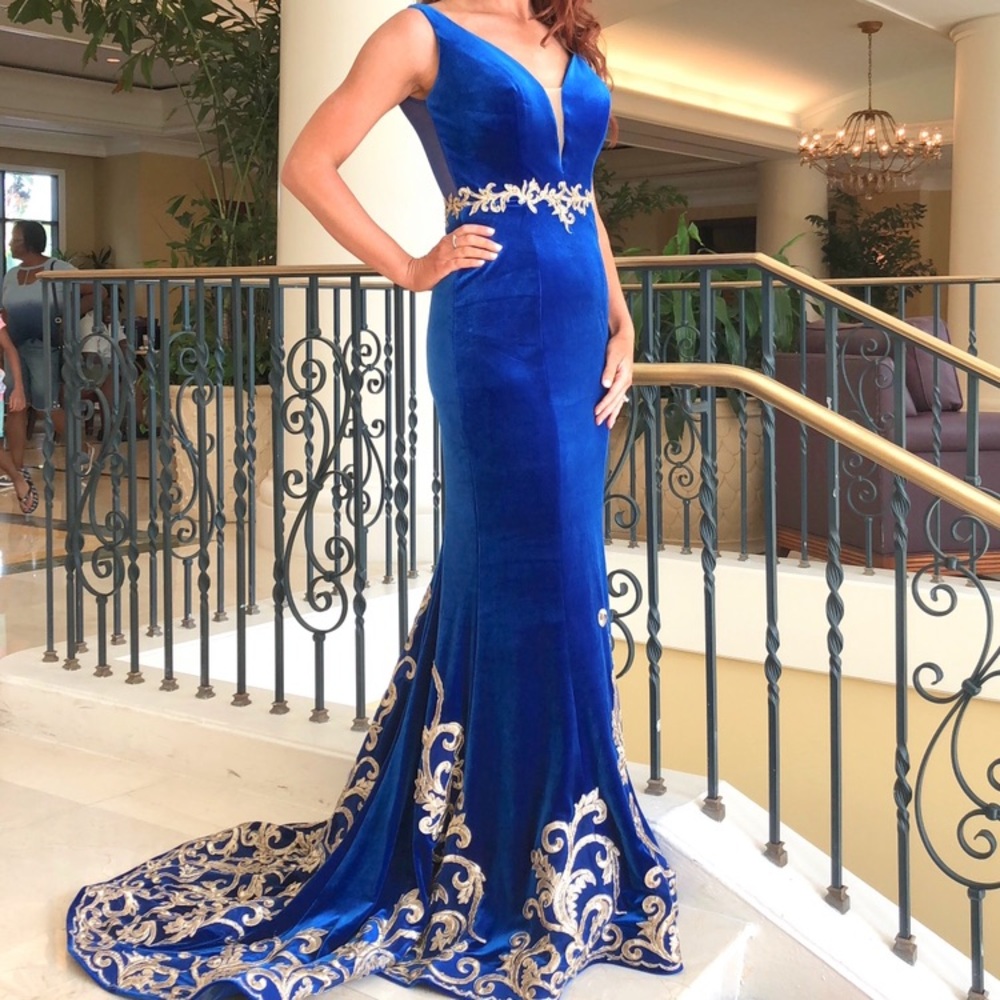 Blue velvet pageant gown